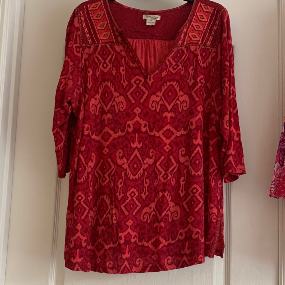 Lucky Brand Red Geometric V-Neck Tunic with embroidery